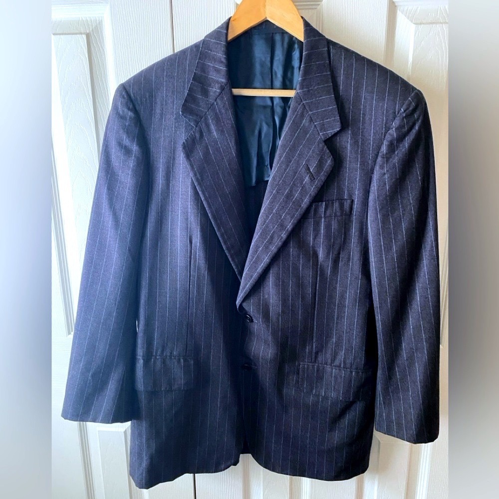 Oxxford Clothes Charcoal Gray Heather Pinstripe Super 100's Wool Suit Jacket 40R